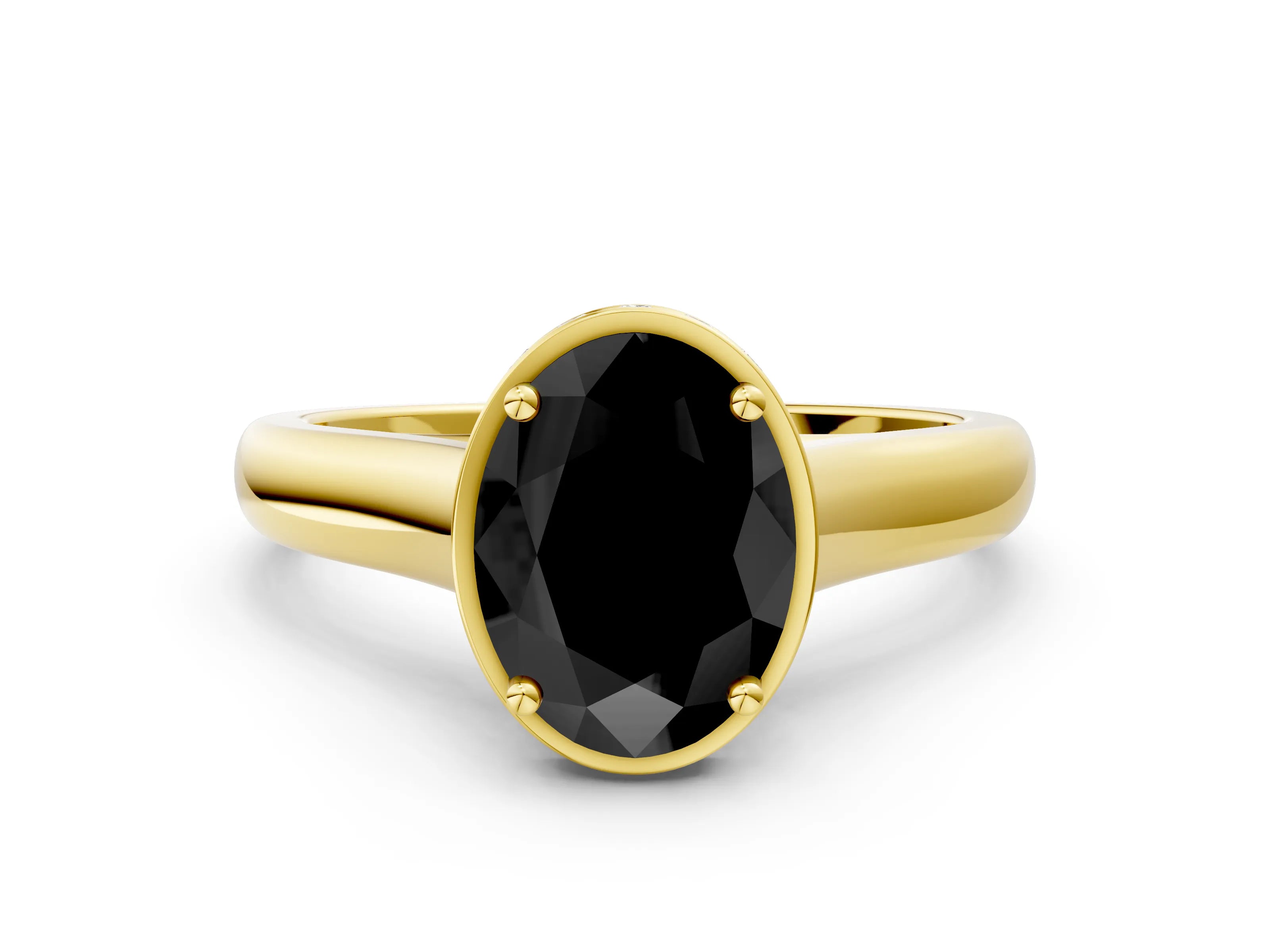 Yellow gold Fancy Black Oval Cut Solitaire Diamond Engagement Ring with Four-Prong Setting and Tapered Band