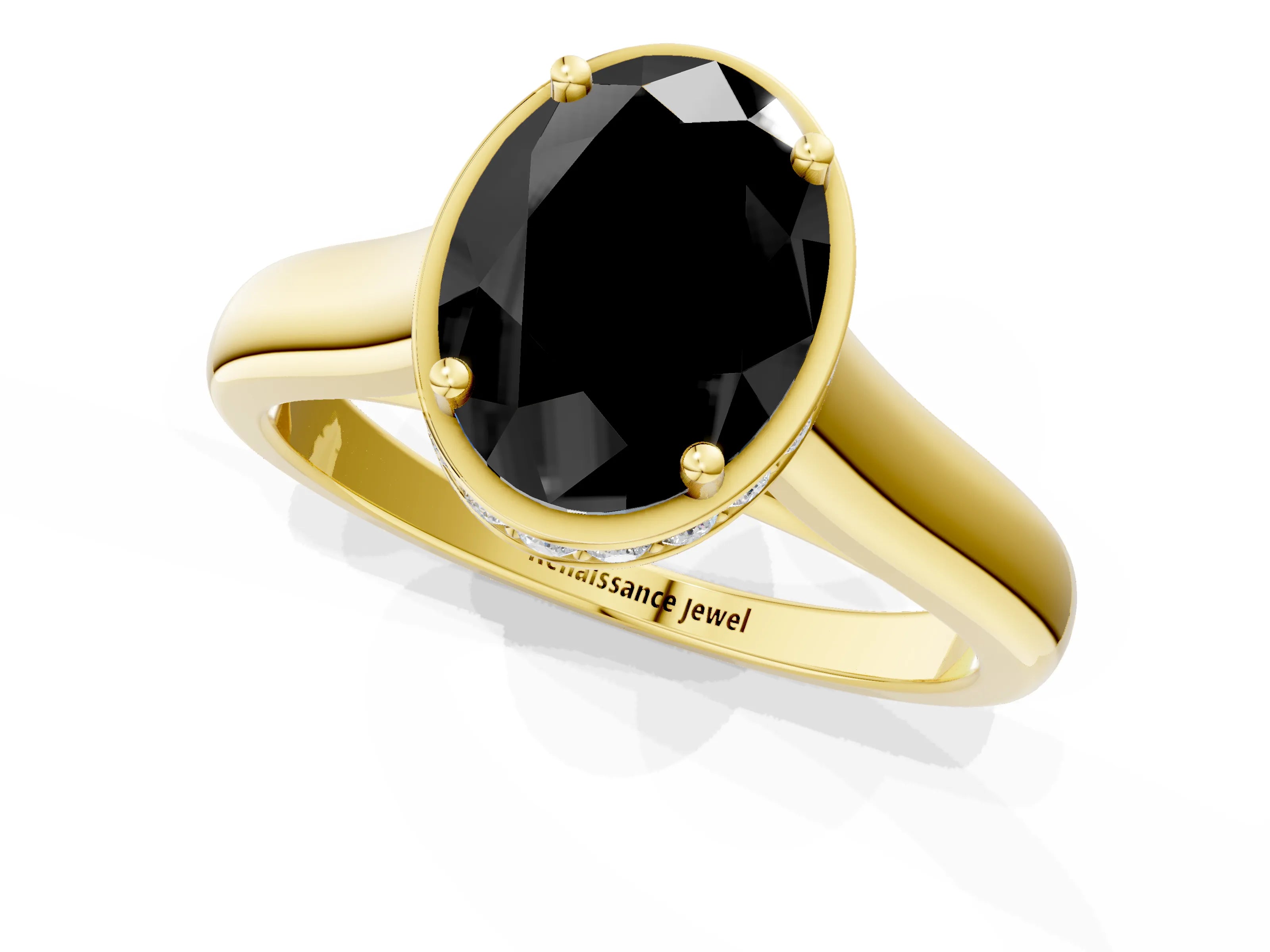 Yellow gold Fancy Black Oval Cut Solitaire Diamond Engagement Ring with Four-Prong Setting and Tapered Band_1