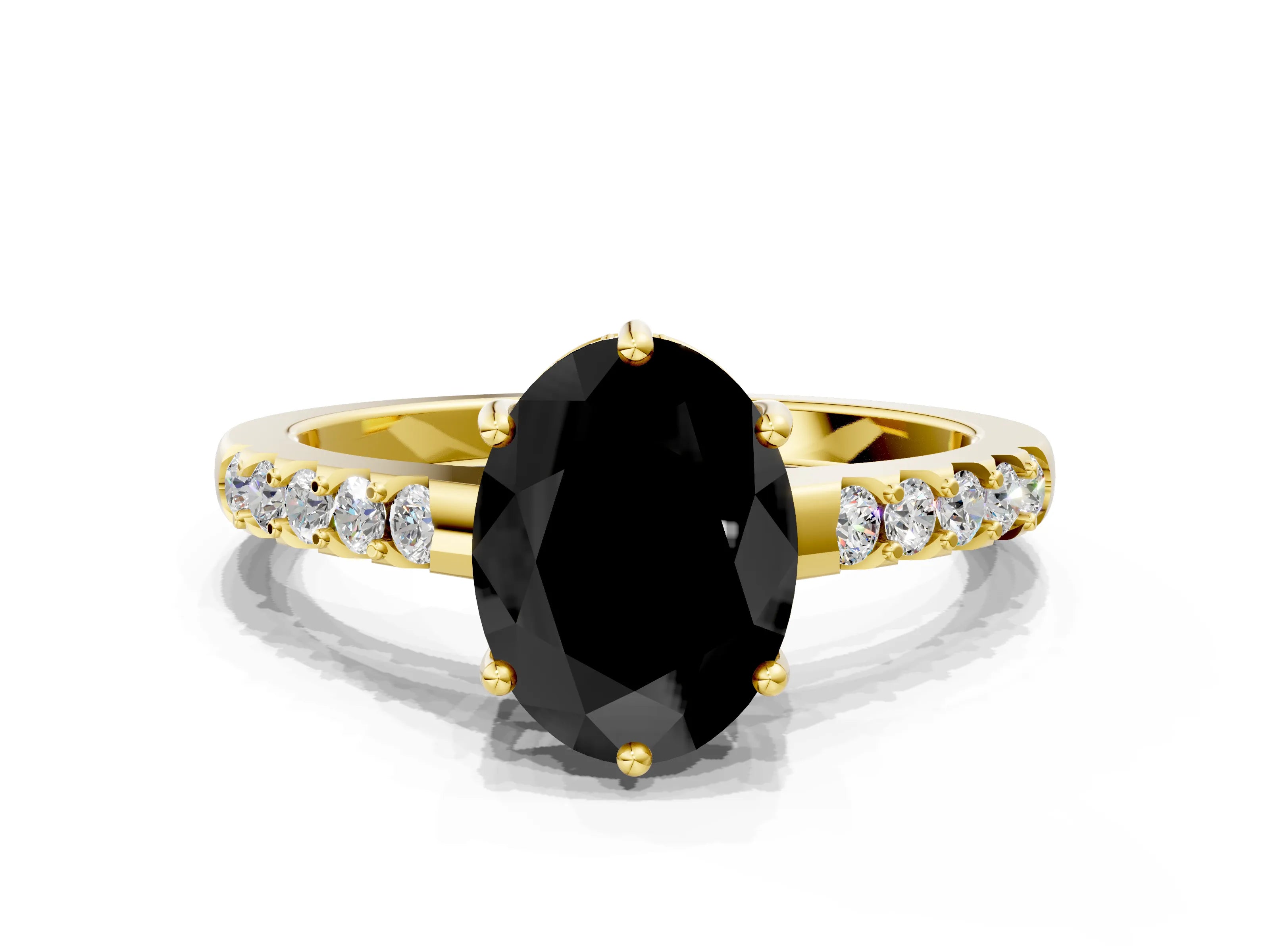 Yellow gold Fancy Black Oval Cut Solitaire Diamond Engagement Ring with Pavé Band and Six-Prong Setting_12