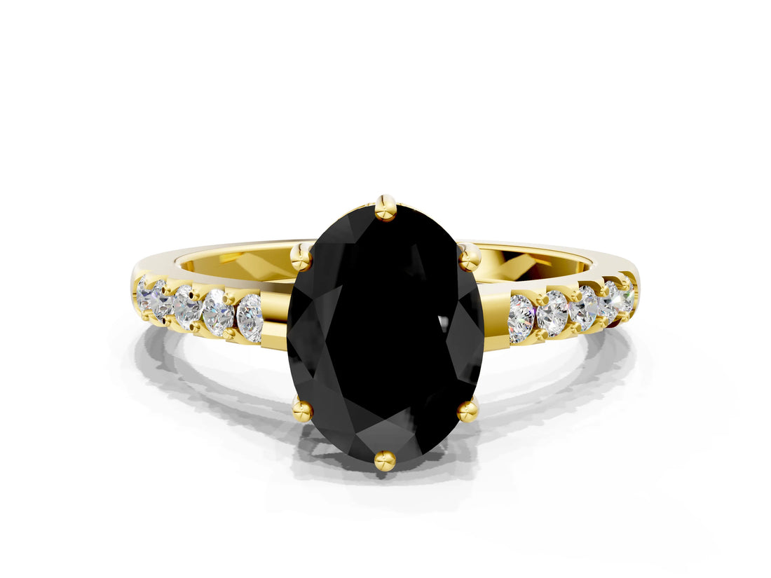 Yellow gold Fancy Black Oval Cut Solitaire Diamond Engagement Ring with Pavé Band and Six-Prong Setting_12