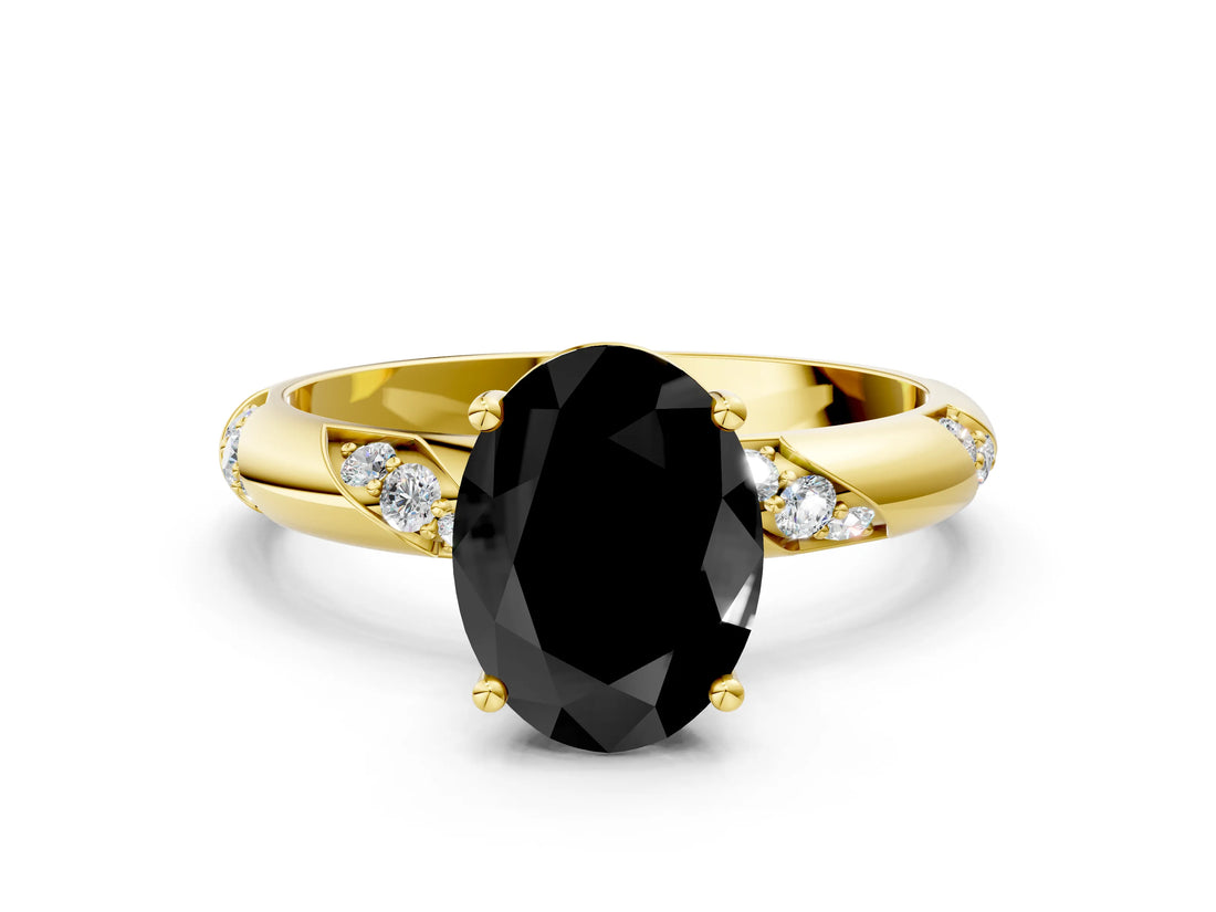 Yellow gold Fancy Black Oval Cut Solitaire Diamond Engagement Ring with Twisted Pave Band and Four-Prong Setting_3