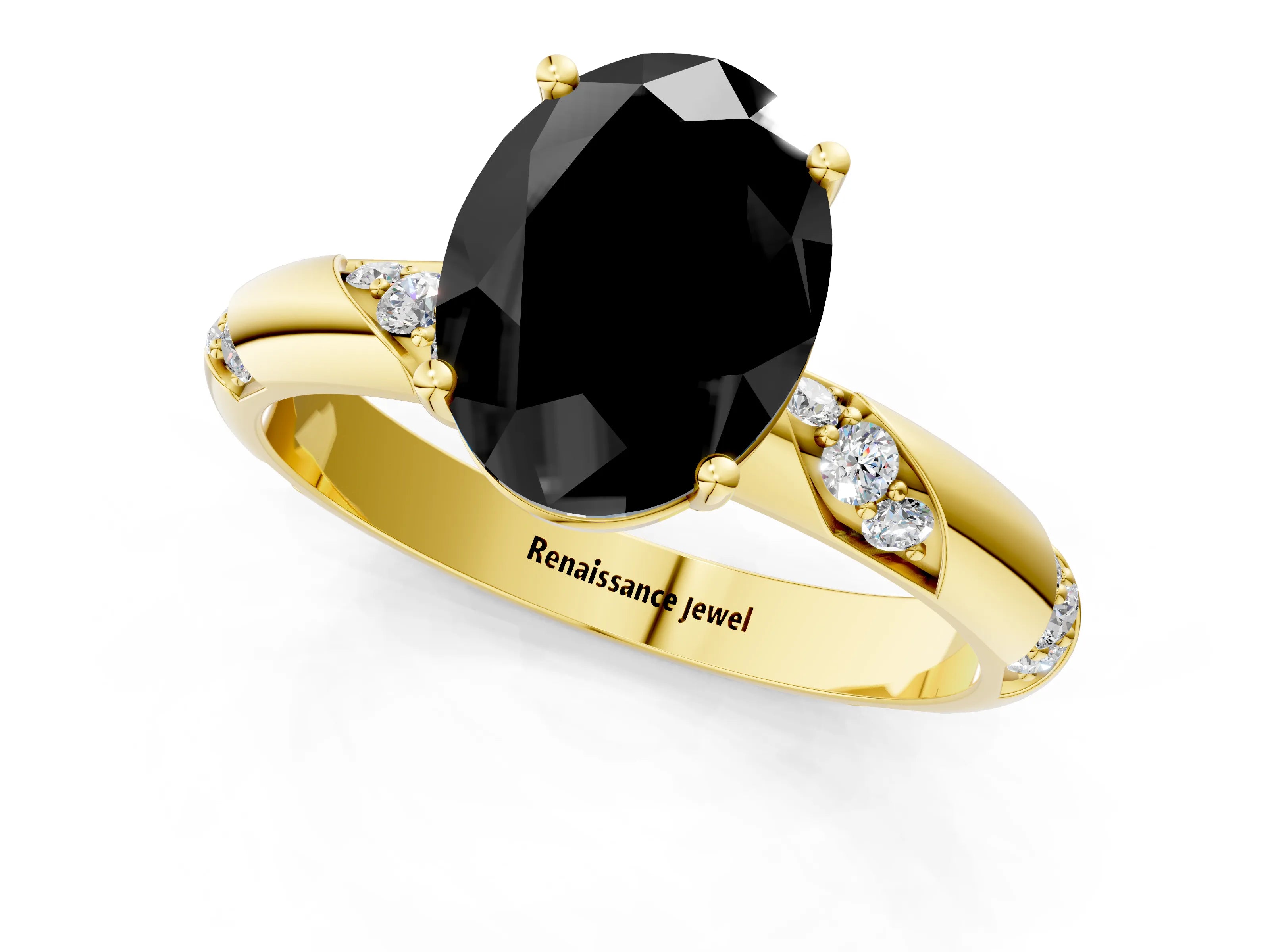 Yellow gold Fancy Black Oval Cut Solitaire Diamond Engagement Ring with Twisted Pave Band and Four-Prong Setting_4
