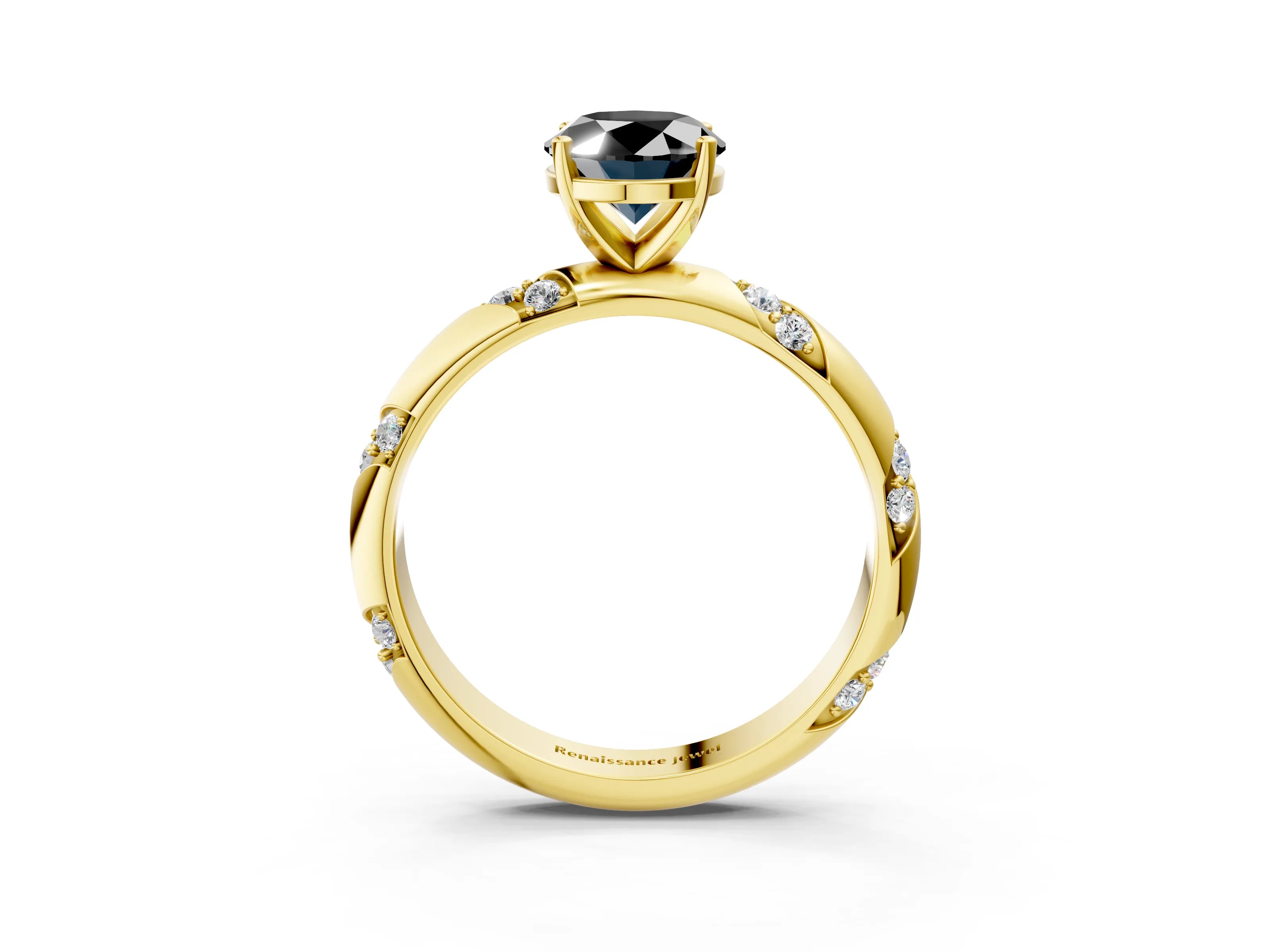 Yellow gold Fancy Black Oval Cut Solitaire Diamond Engagement Ring with Twisted Pave Band and Four-Prong Setting_6