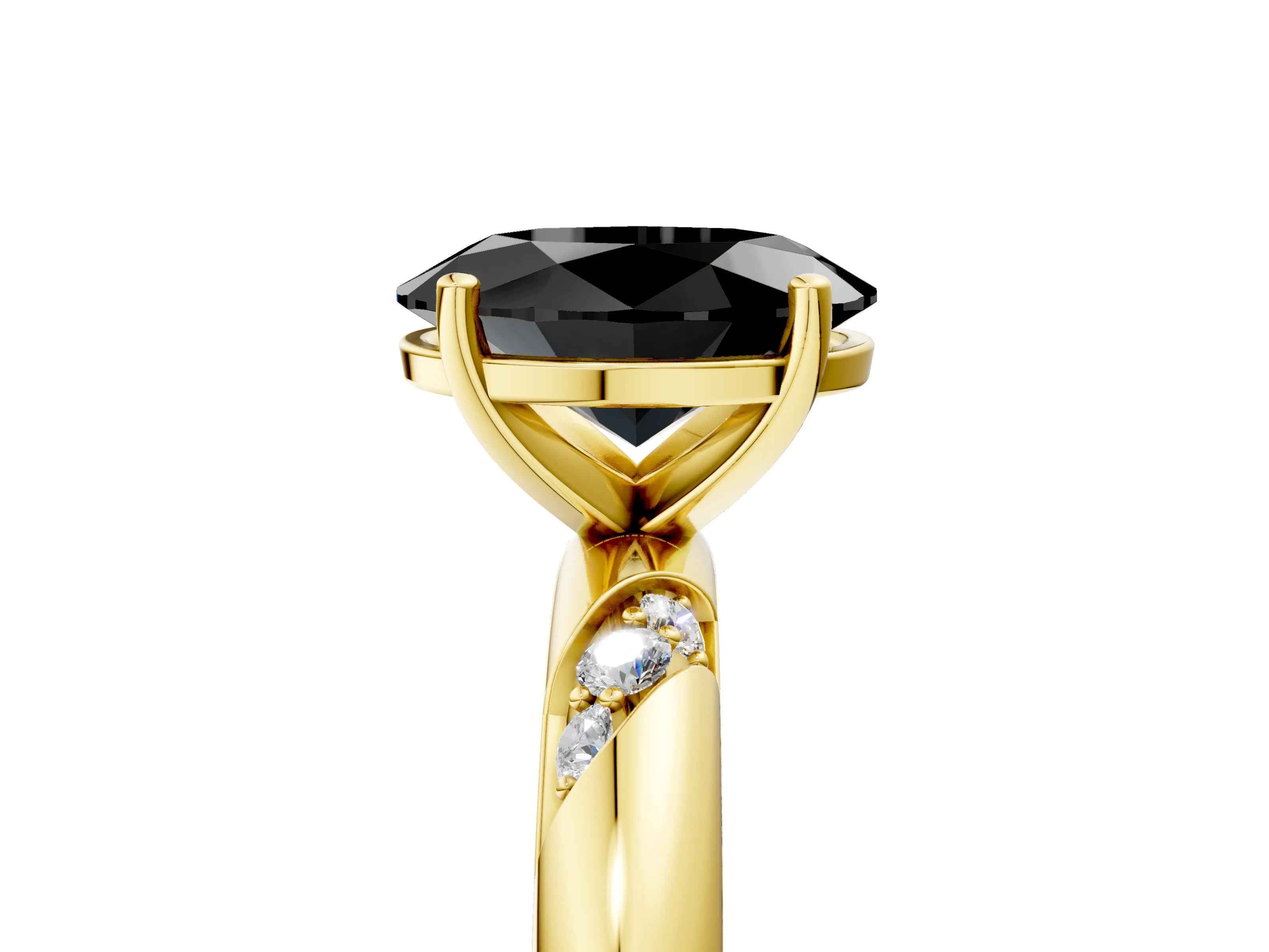 Yellow gold Fancy Black Oval Cut Solitaire Diamond Engagement Ring with Twisted Pave Band and Four-Prong Setting_8