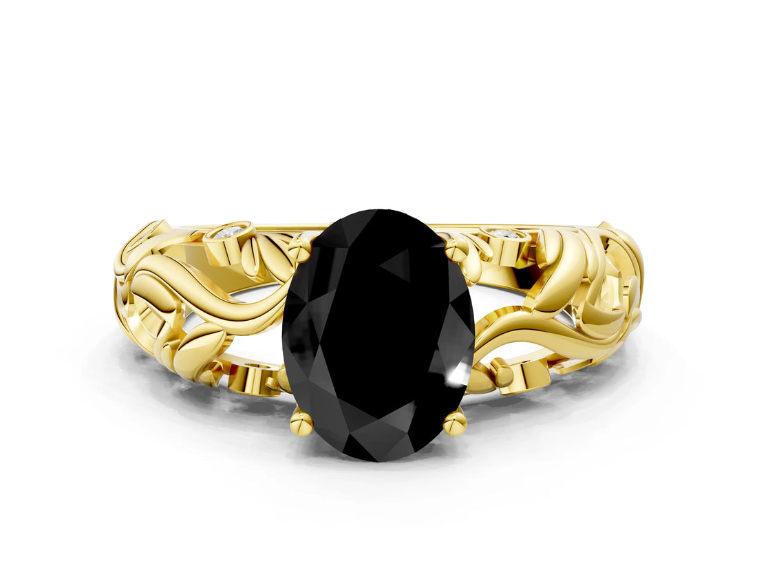Yellow gold Fancy Black Oval Cut Solitaire Diamond Leaf-Inspired Vine Band Ring with Prong Setting