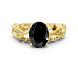 Yellow gold Fancy Black Oval Cut Solitaire Diamond Leaf-Inspired Vine Band Ring with Prong Setting
