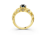 Yellow gold Fancy Black Oval Cut Solitaire Diamond Leaf-Inspired Vine Band Ring with Prong Setting_3