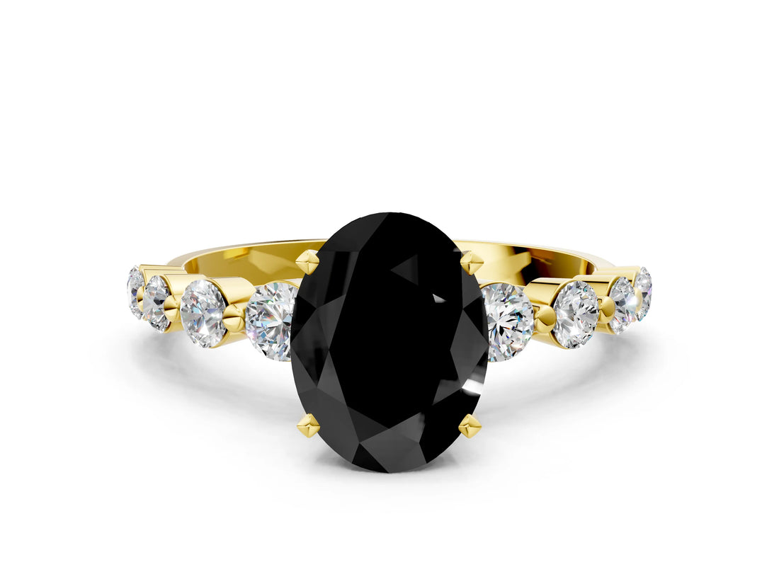 Yellow gold Fancy Black Oval Cut Solitaire Diamond Ring with Pave Band and Four-Prong Setting