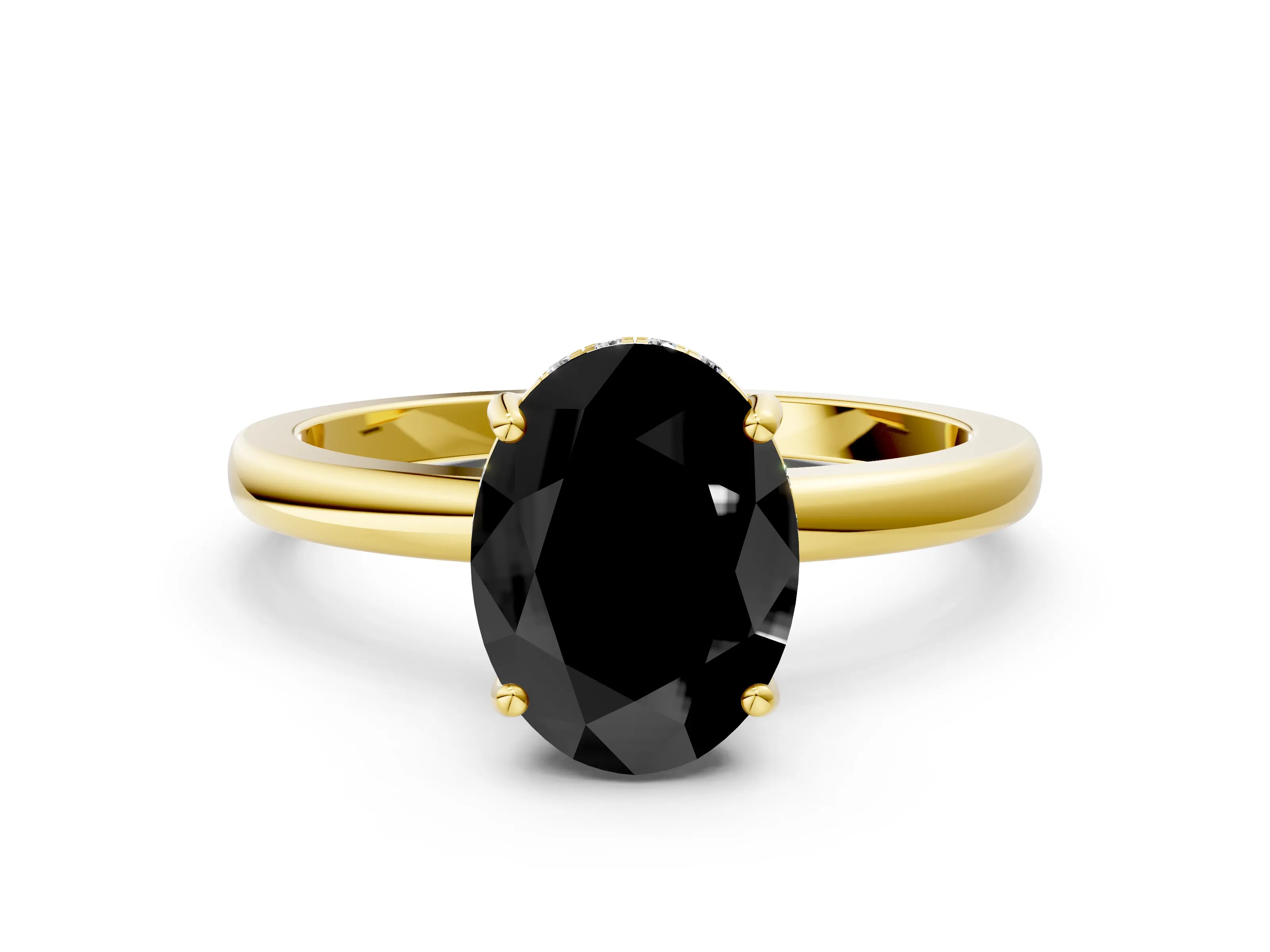 Yellow gold Fancy Black Oval Cut Solitaire Diamond Ring with Prong Setting and Plain Band