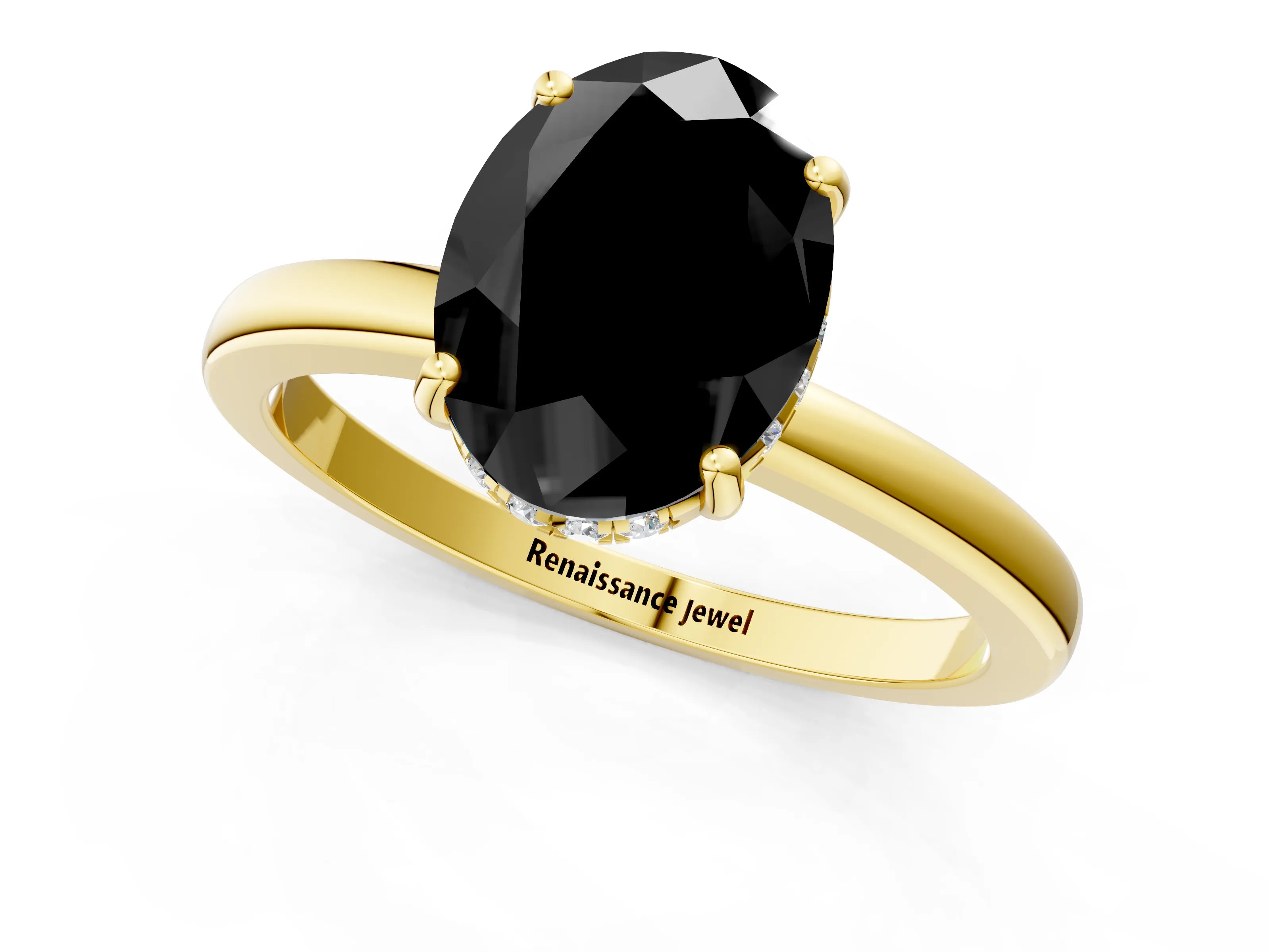 Yellow gold Fancy Black Oval Cut Solitaire Diamond Ring with Prong Setting and Plain Band_1