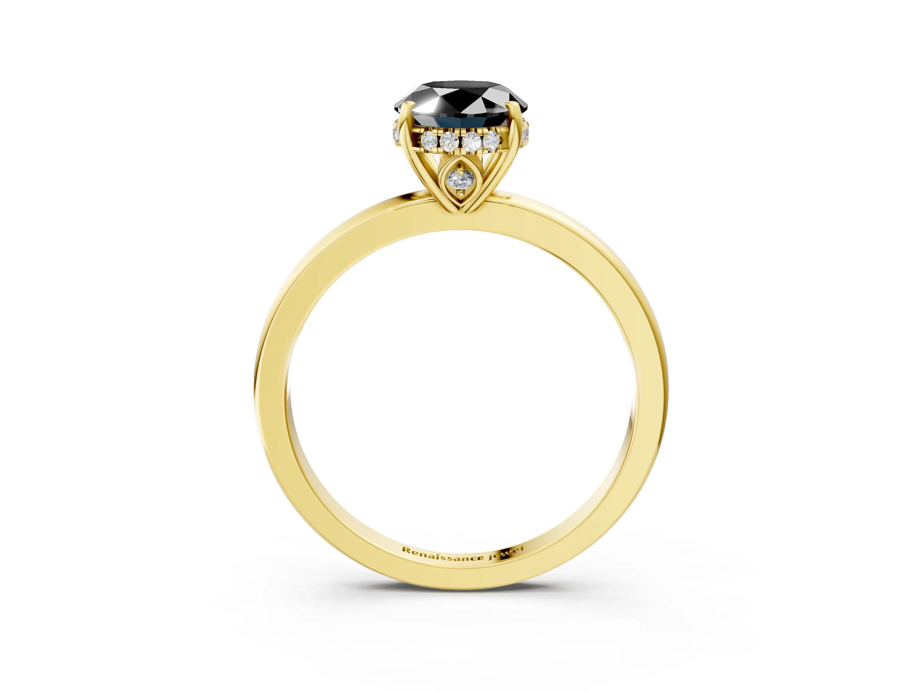 Yellow gold Fancy Black Oval Cut Solitaire Diamond Ring with Prong Setting and Plain Band_3
