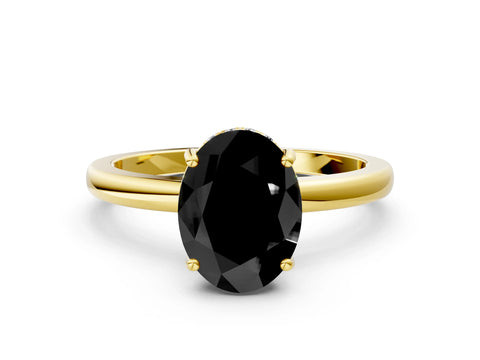 Yellow gold Fancy Black Oval Cut Solitaire Diamond Ring with Prong Setting and Plain Band