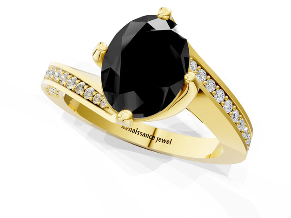 Yellow Gold Oval Bypass Solitaire Engagement Ring Setting for Black Center with Swirl Pave Band
