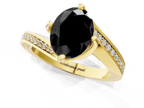Yellow gold Fancy Black Oval Cut Solitaire Diamond Twist Band with Pavé Setting and Four-Prong Setting_1