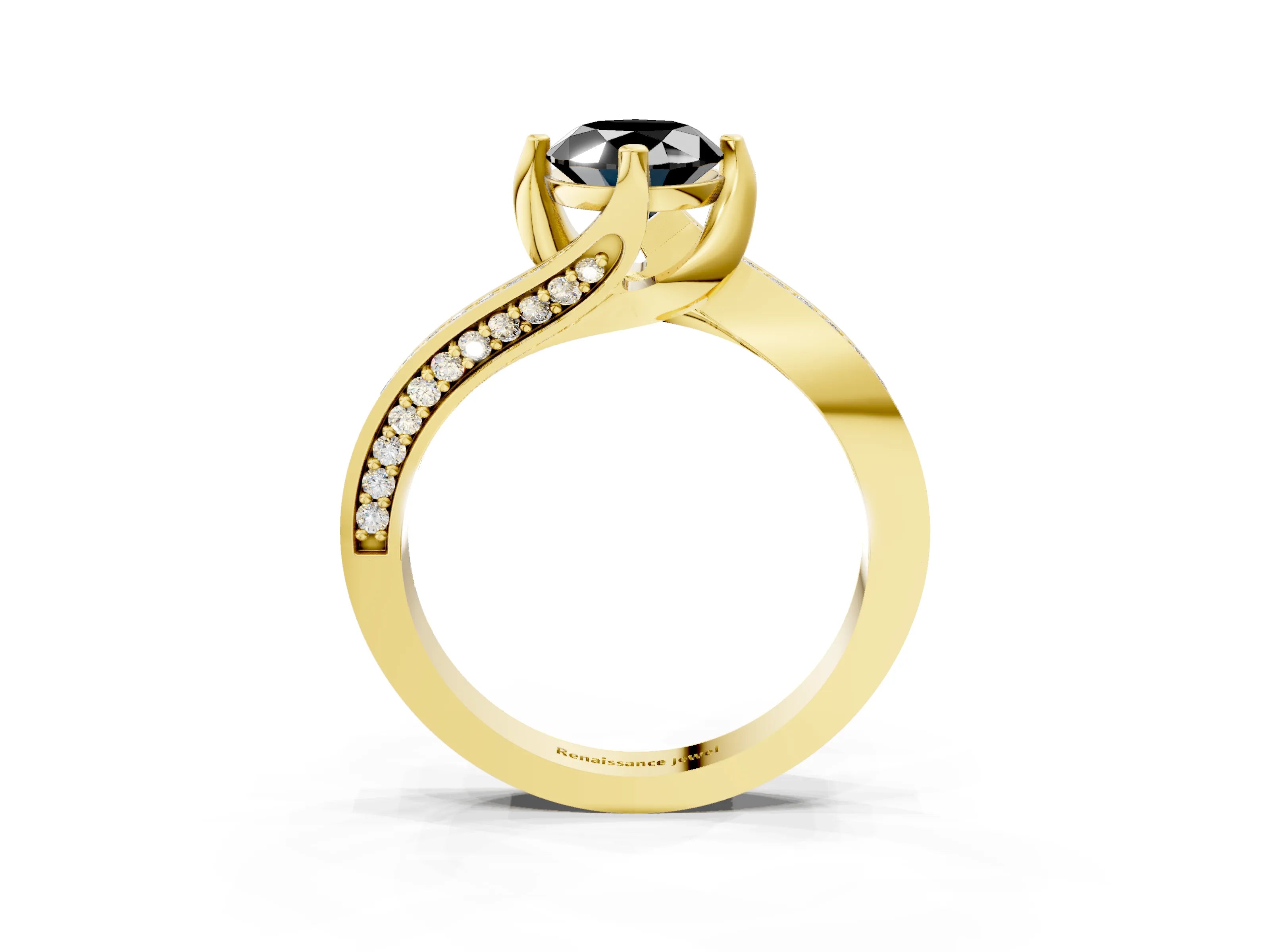 Yellow gold Fancy Black Oval Cut Solitaire Diamond Twist Band with Pavé Setting and Four-Prong Setting_3