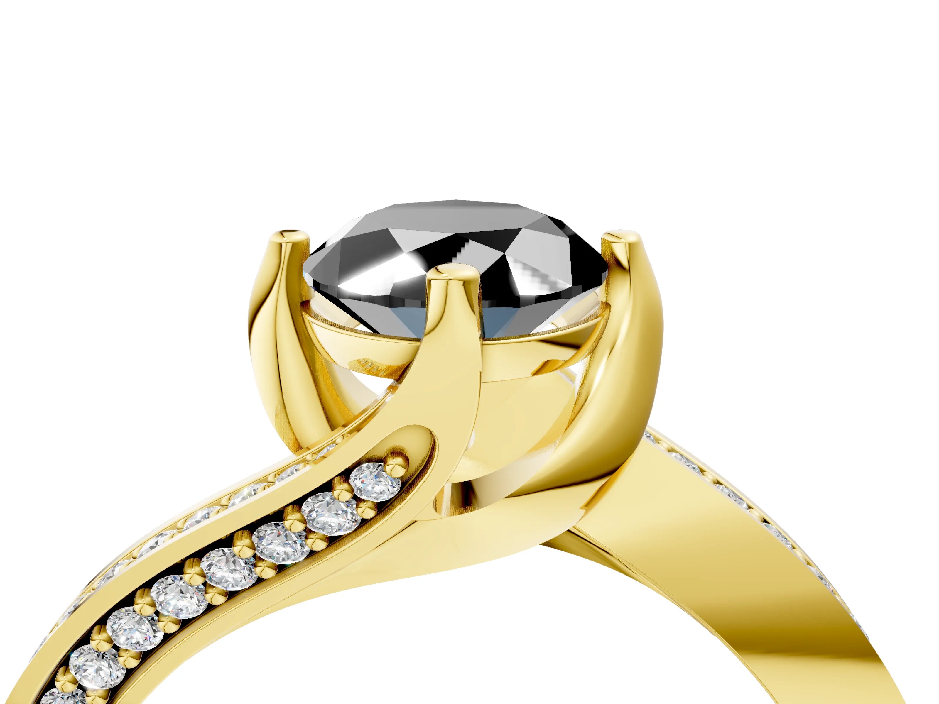 Yellow gold Fancy Black Oval Cut Solitaire Diamond Twist Band with Pavé Setting and Four-Prong Setting_4