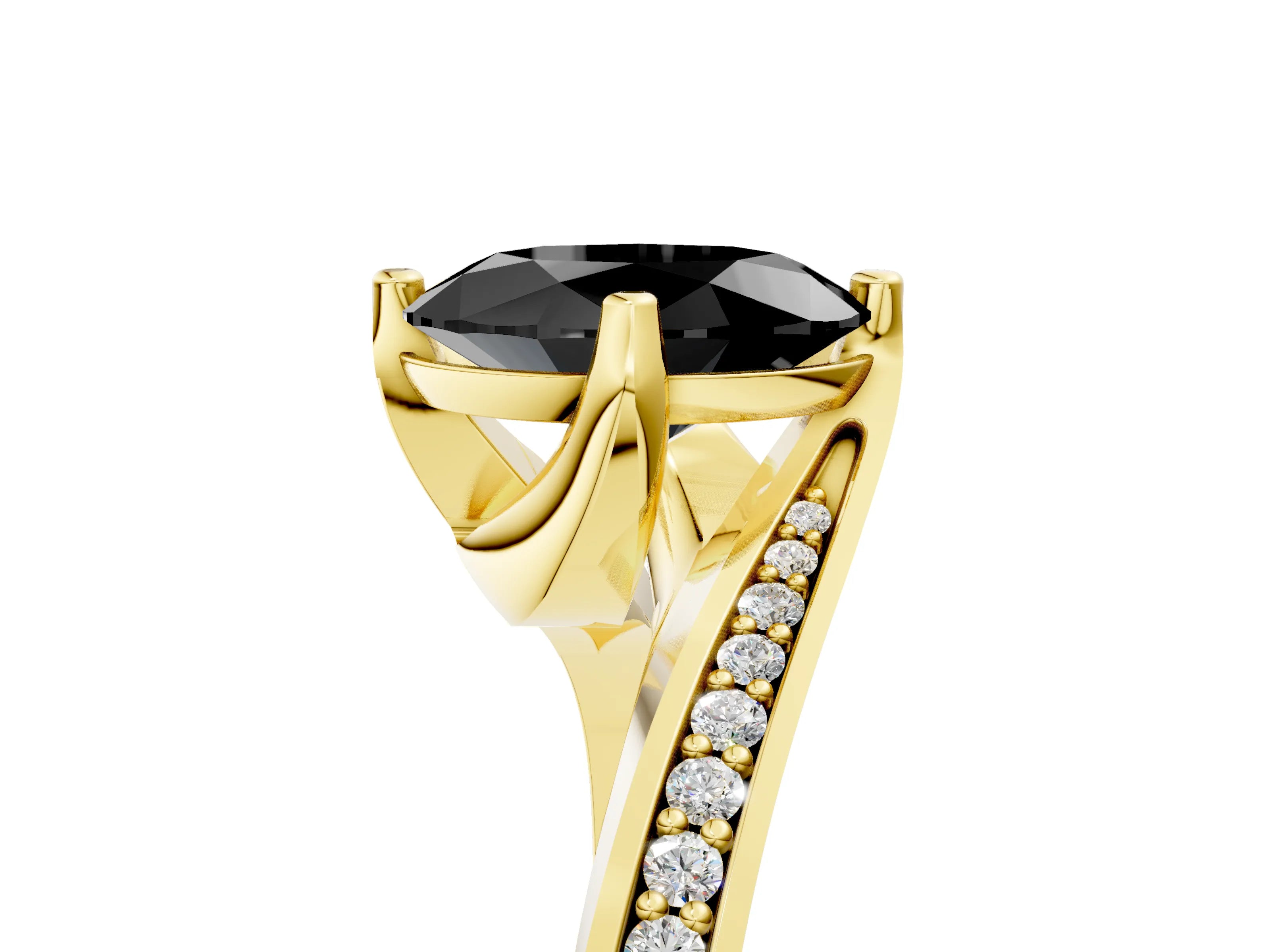 Yellow gold Fancy Black Oval Cut Solitaire Diamond Twist Band with Pavé Setting and Four-Prong Setting_5