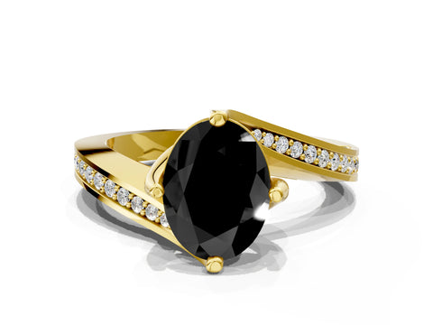 Yellow gold Fancy Black Oval Cut Solitaire Diamond Twist Band with Pavé Setting and Four-Prong Setting