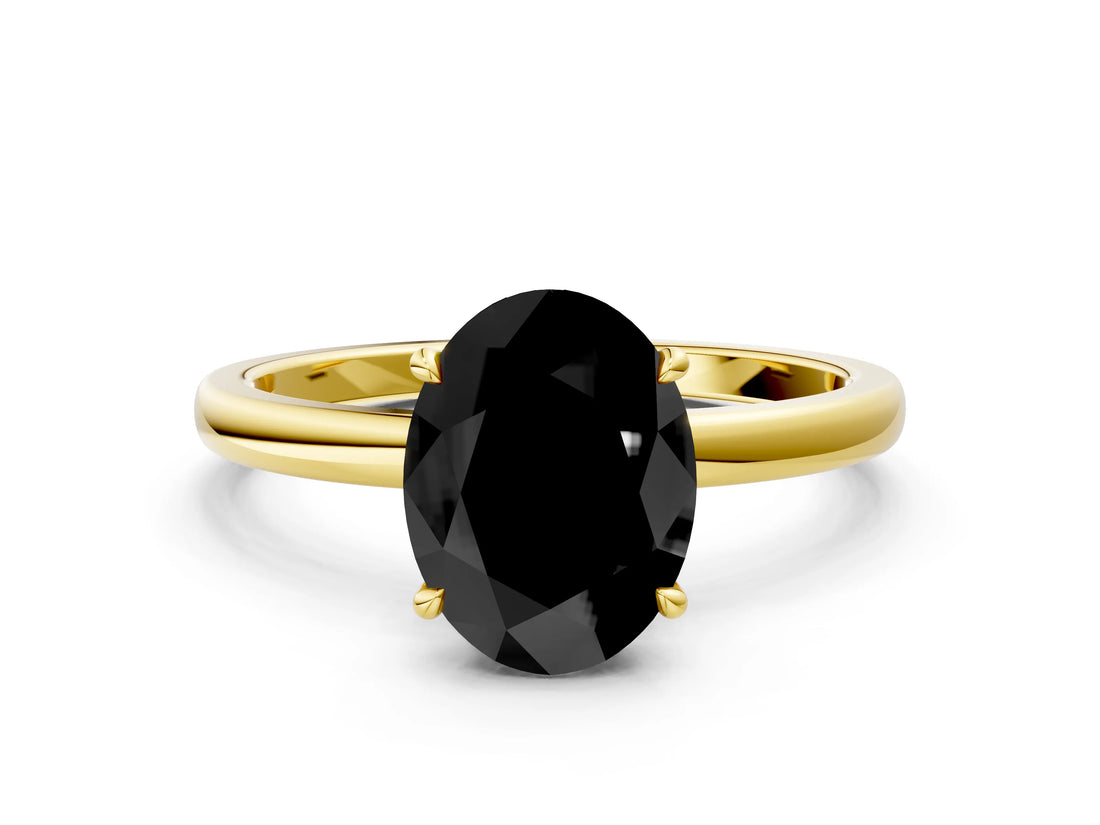 Yellow gold Fancy Black Oval Cut Solitaire Engagement Ring with Cathedral Band and Four-Prong Setting