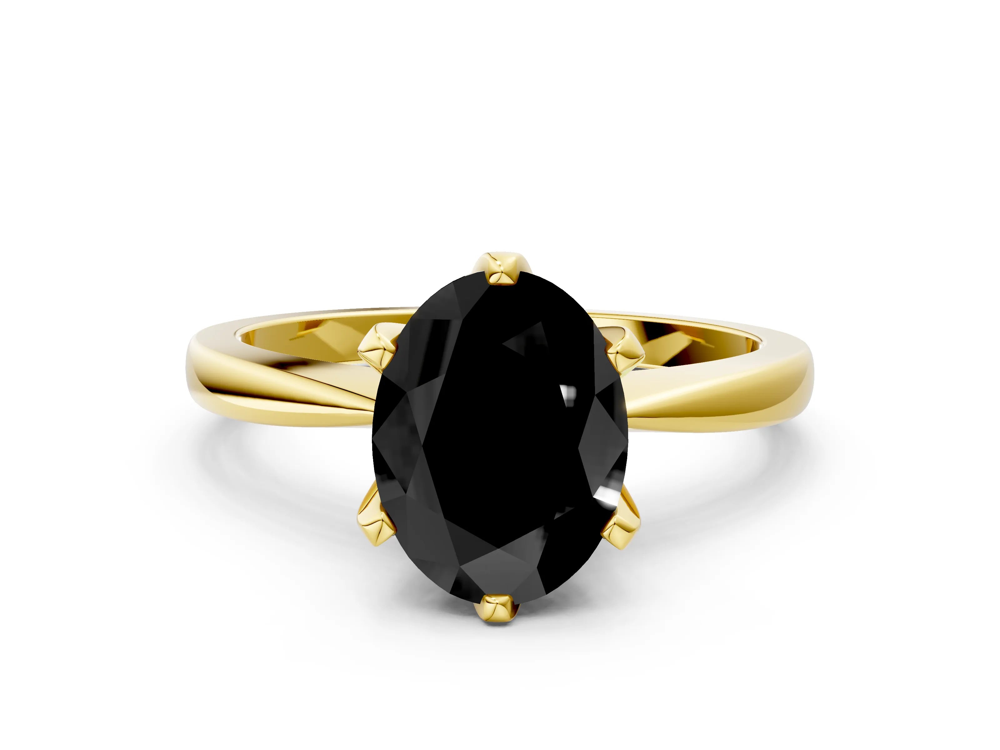 Yellow gold Fancy Black Oval Cut Solitaire Engagement Ring with Six-Prong Setting and Tapered Band