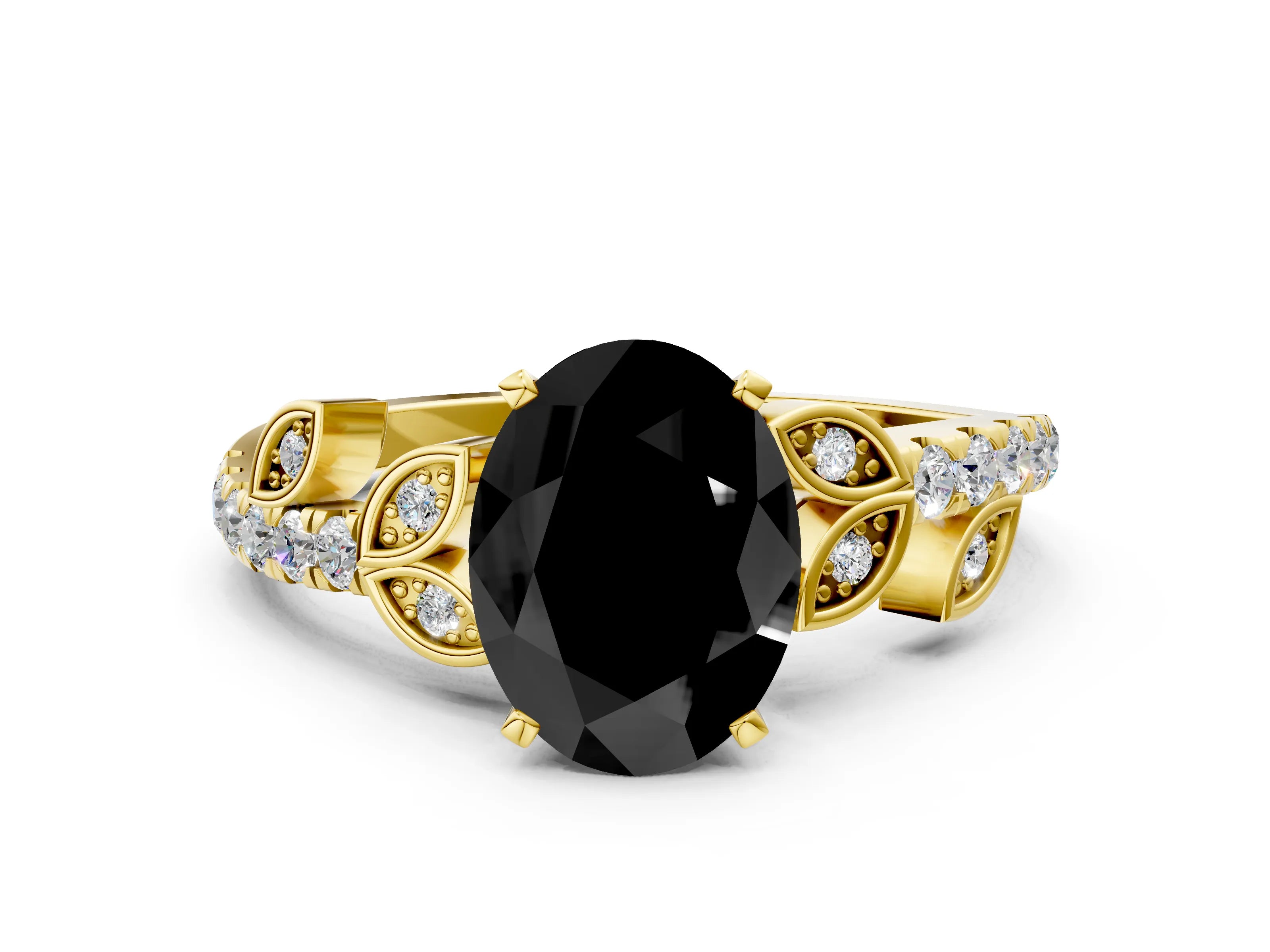 Yellow gold Fancy Black Oval Cut Solitaire Leaf-Inspired Diamond Ring with Pavé Band and Four-Prong Setting