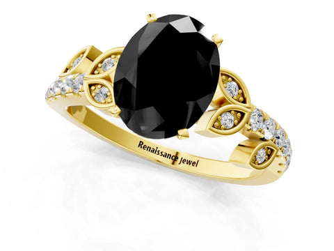 Yellow gold Fancy Black Oval Cut Solitaire Leaf-Inspired Diamond Ring with Pavé Band and Four-Prong Setting_1