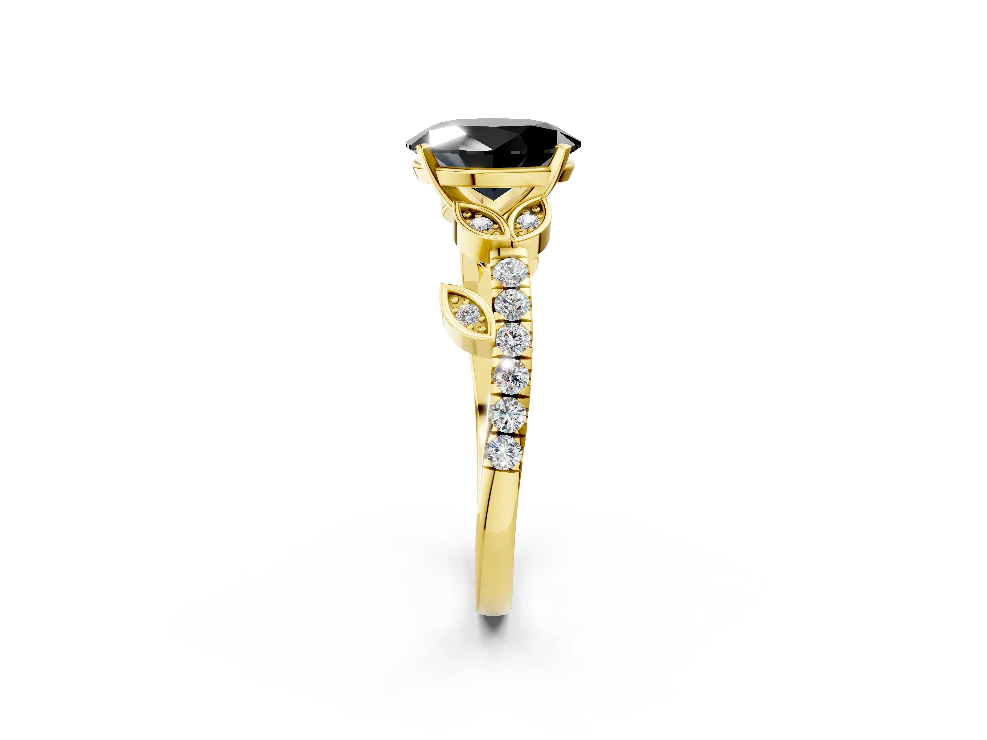 Yellow gold Fancy Black Oval Cut Solitaire Leaf-Inspired Diamond Ring with Pavé Band and Four-Prong Setting_2