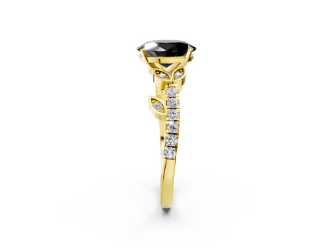 Yellow gold Fancy Black Oval Cut Solitaire Leaf-Inspired Diamond Ring with Pavé Band and Four-Prong Setting_2