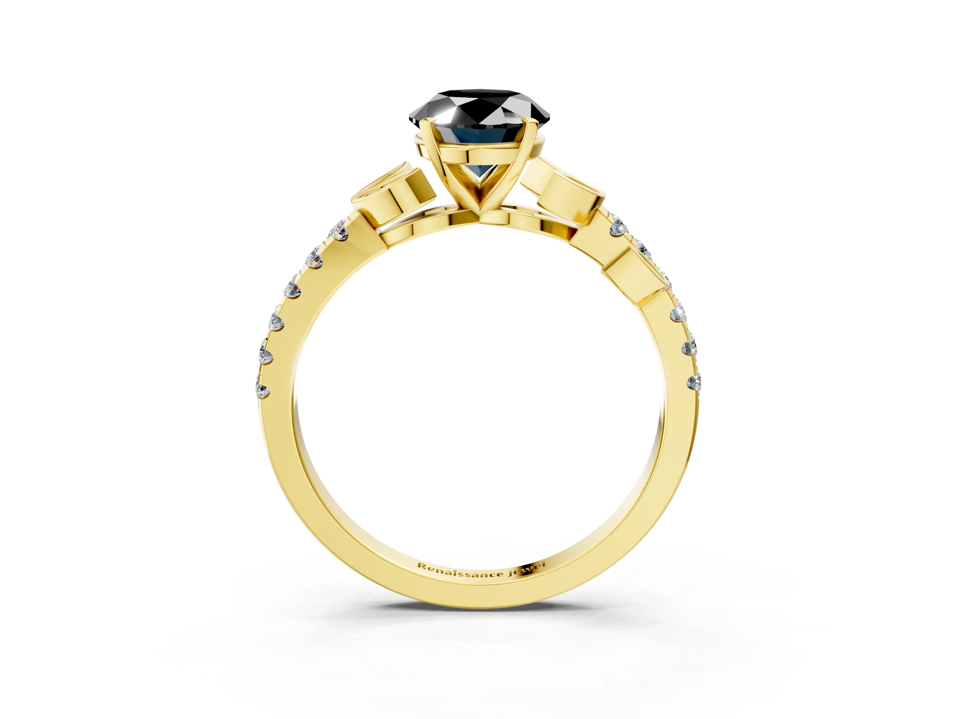 Yellow gold Fancy Black Oval Cut Solitaire Leaf-Inspired Diamond Ring with Pavé Band and Four-Prong Setting_3