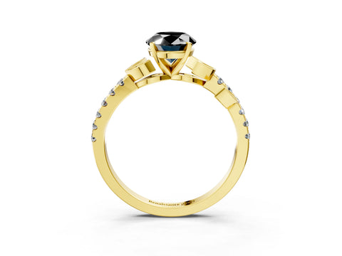 Yellow gold Fancy Black Oval Cut Solitaire Leaf-Inspired Diamond Ring with Pavé Band and Four-Prong Setting_3