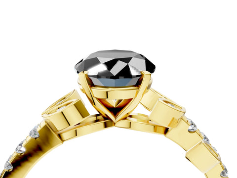 Yellow gold Fancy Black Oval Cut Solitaire Leaf-Inspired Diamond Ring with Pavé Band and Four-Prong Setting_4