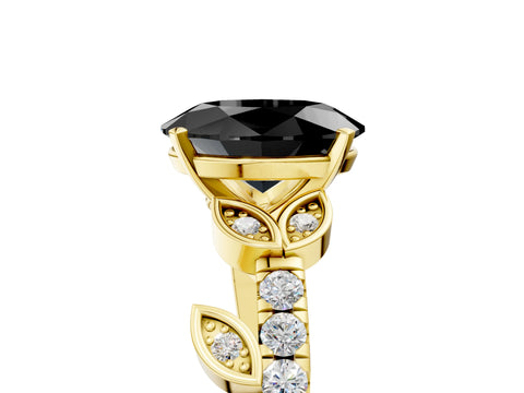 Yellow gold Fancy Black Oval Cut Solitaire Leaf-Inspired Diamond Ring with Pavé Band and Four-Prong Setting_5