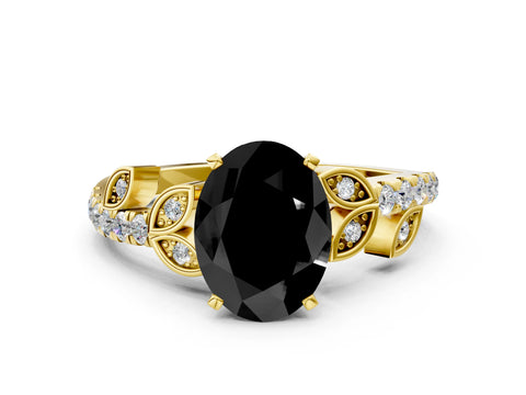 Yellow gold Fancy Black Oval Cut Solitaire Leaf-Inspired Diamond Ring with Pavé Band and Four-Prong Setting