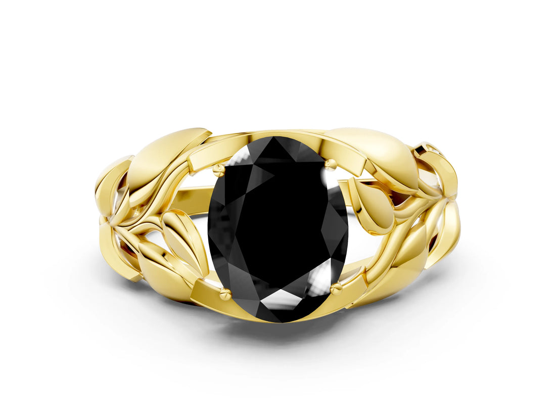 Yellow gold Fancy Black Oval Cut Solitaire Leaf-Inspired Engagement Ring with Prong Setting_12