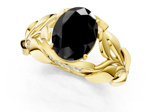 Yellow gold Fancy Black Oval Cut Solitaire Leaf-Inspired Engagement Ring with Prong Setting_1
