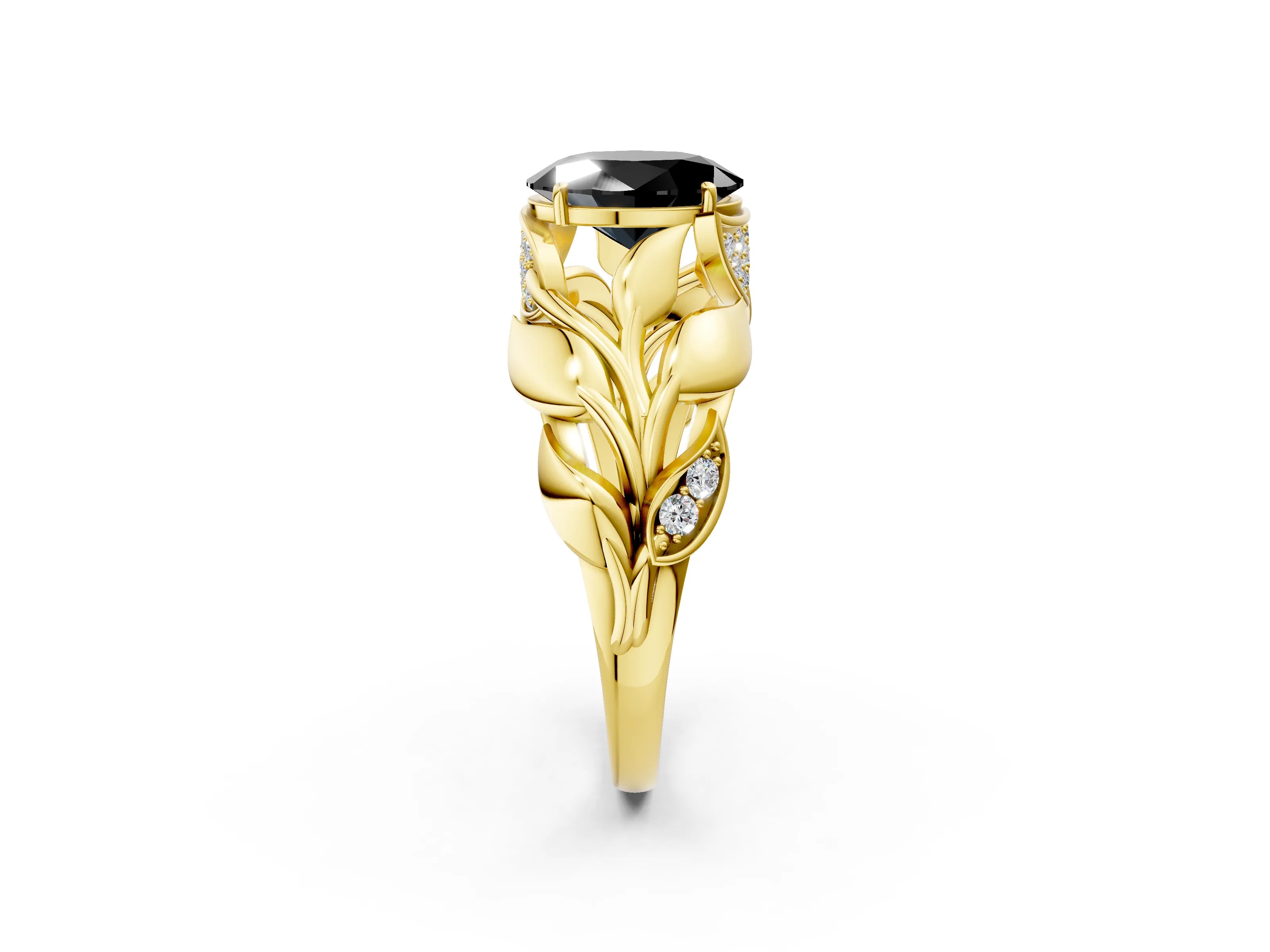 Yellow gold Fancy Black Oval Cut Solitaire Leaf-Inspired Engagement Ring with Prong Setting_2