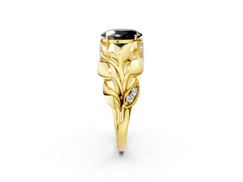 Yellow gold Fancy Black Oval Cut Solitaire Leaf-Inspired Engagement Ring with Prong Setting_2