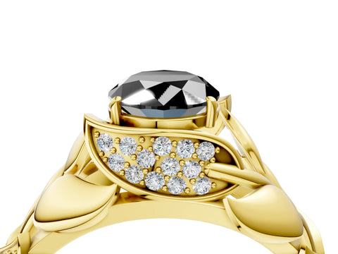 Yellow gold Fancy Black Oval Cut Solitaire Leaf-Inspired Engagement Ring with Prong Setting_4