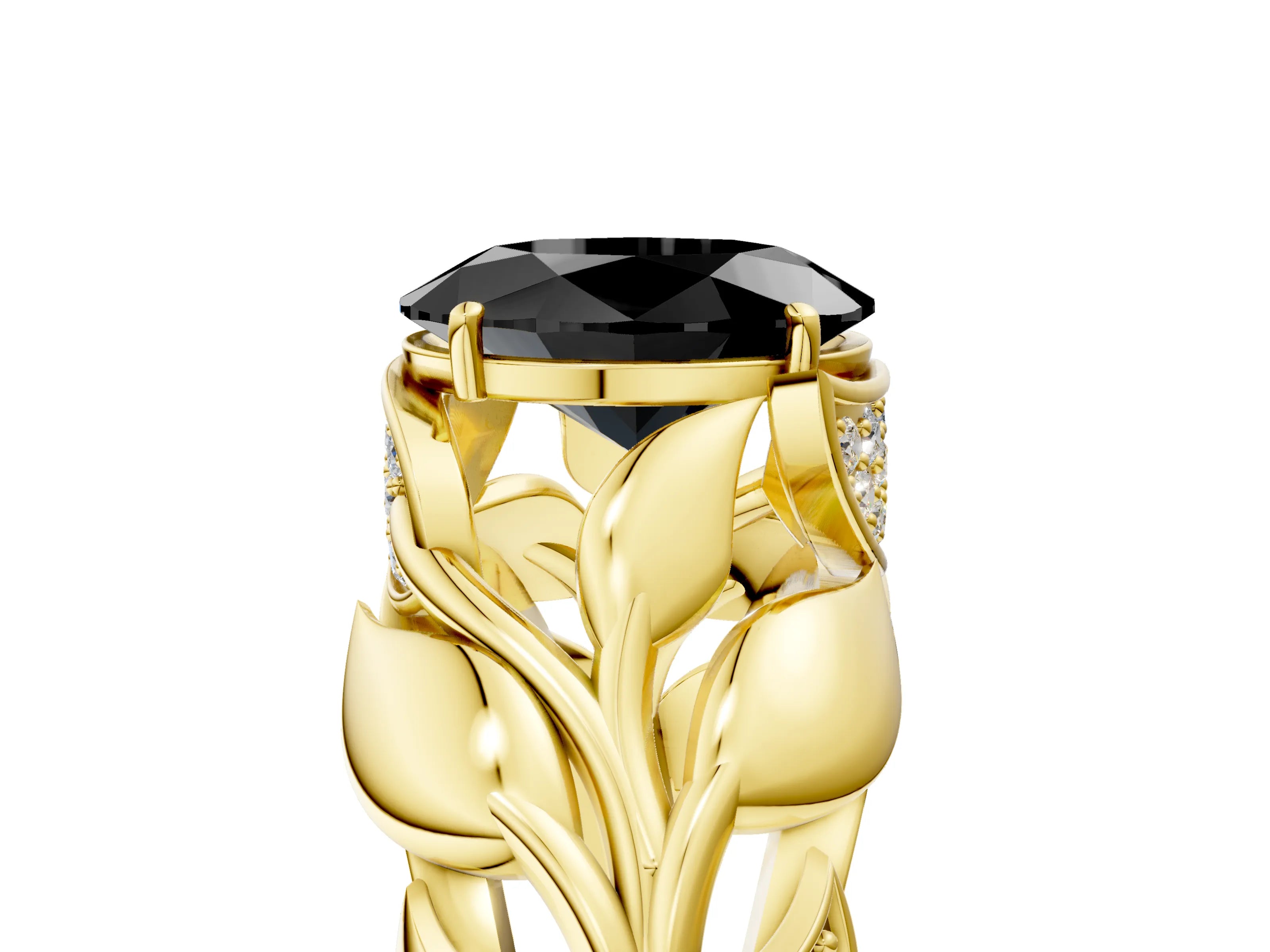 Yellow gold Fancy Black Oval Cut Solitaire Leaf-Inspired Engagement Ring with Prong Setting_5