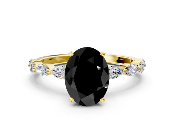 Yellow Gold Oval Engagement Ring Setting for Black Center with Marquise Side Stones Along the Band