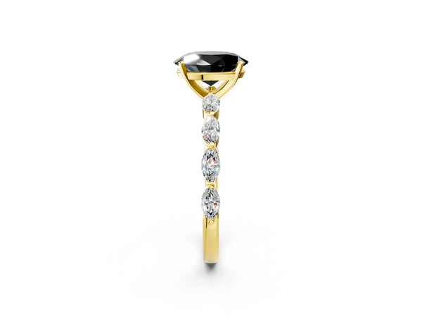 Yellow Gold Oval Engagement Ring Setting for Black Center with Marquise Side Stones Along the Band