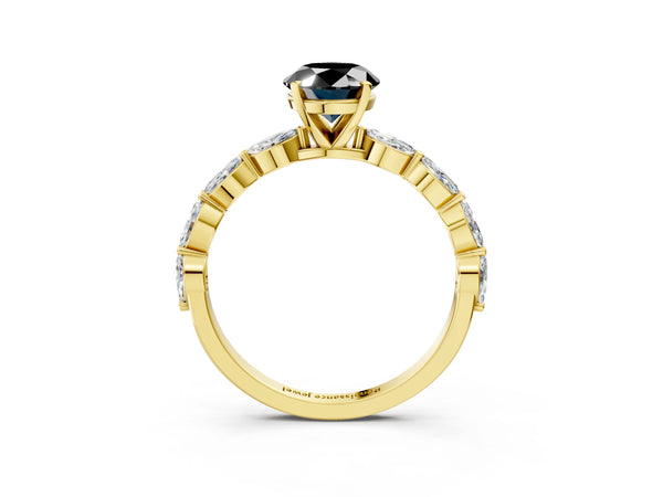 Yellow Gold Oval Engagement Ring Setting for Black Center with Marquise Side Stones Along the Band