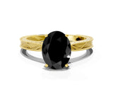Yellow gold Fancy Black Oval Cut Solitaire Milgrain Engraved Band with Four-Prong Setting