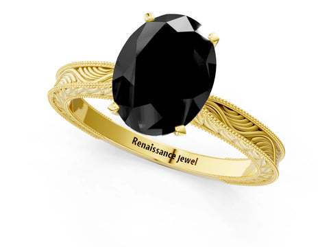 Yellow gold Fancy Black Oval Cut Solitaire Milgrain Engraved Band with Four-Prong Setting_1