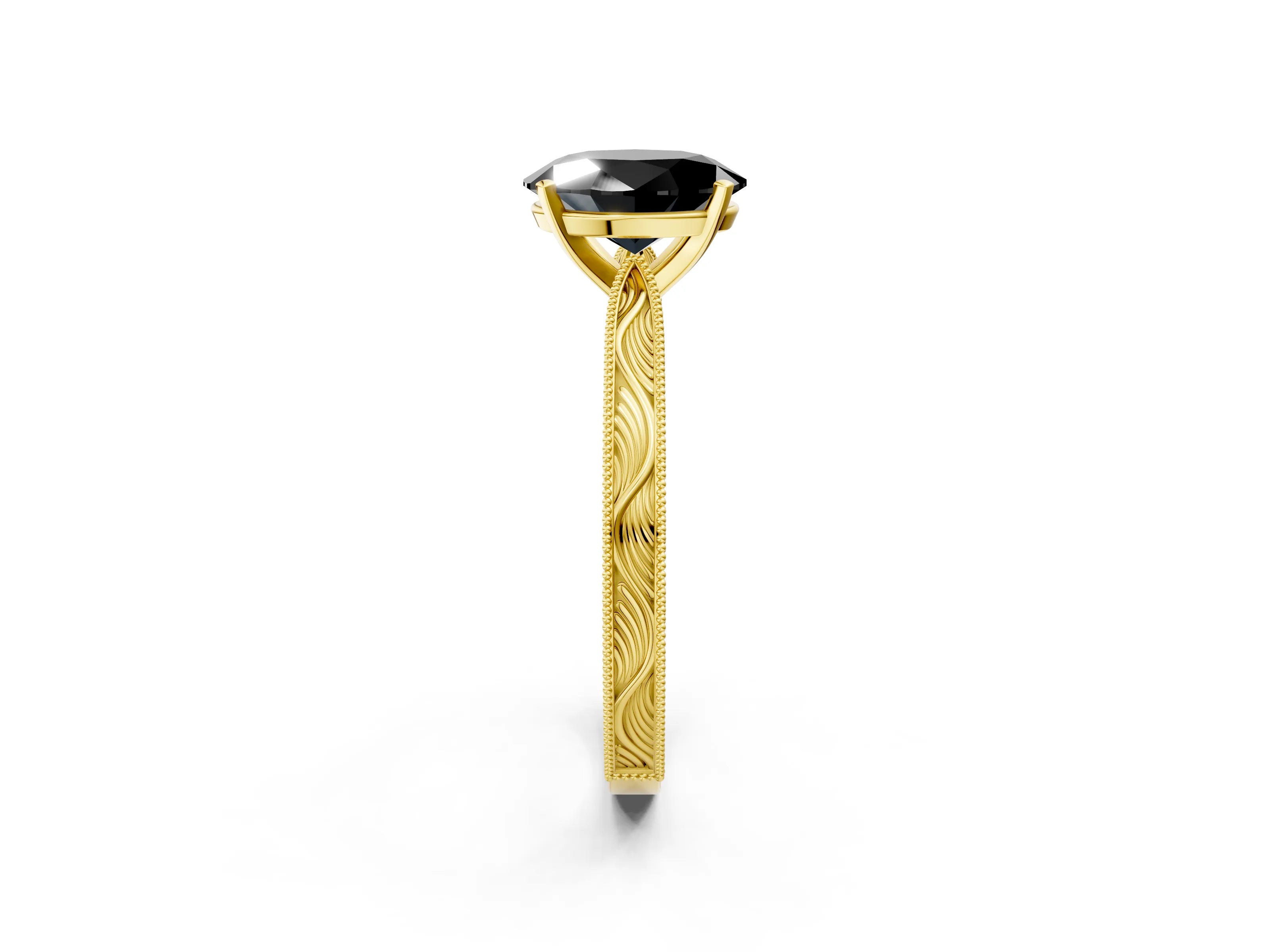 Yellow gold Fancy Black Oval Cut Solitaire Milgrain Engraved Band with Four-Prong Setting_2
