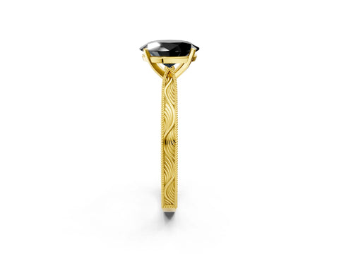 Yellow gold Fancy Black Oval Cut Solitaire Milgrain Engraved Band with Four-Prong Setting_2