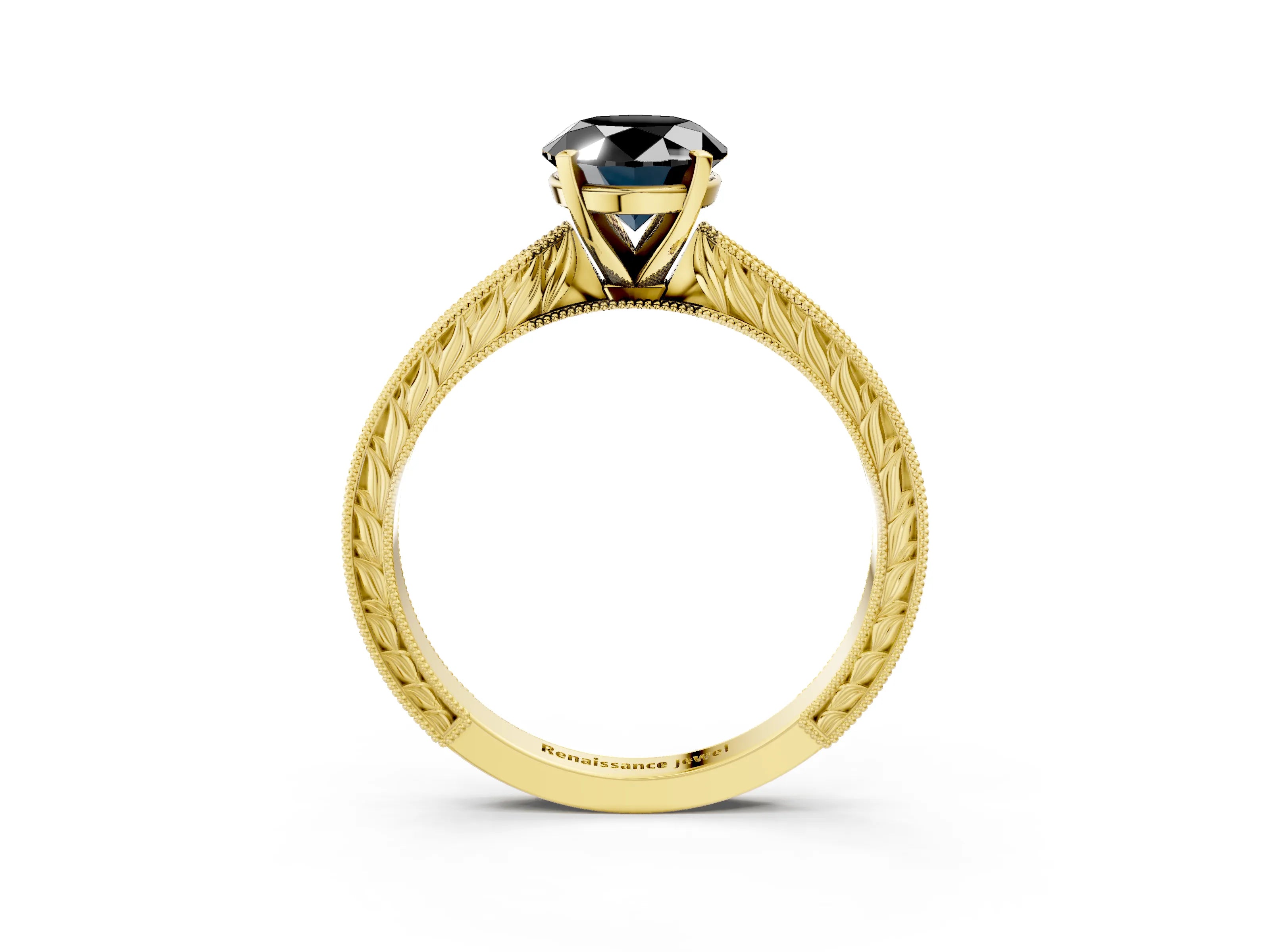 Yellow gold Fancy Black Oval Cut Solitaire Milgrain Engraved Band with Four-Prong Setting_3
