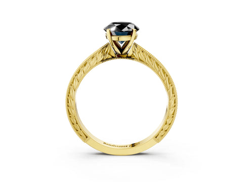 Yellow gold Fancy Black Oval Cut Solitaire Milgrain Engraved Band with Four-Prong Setting_3