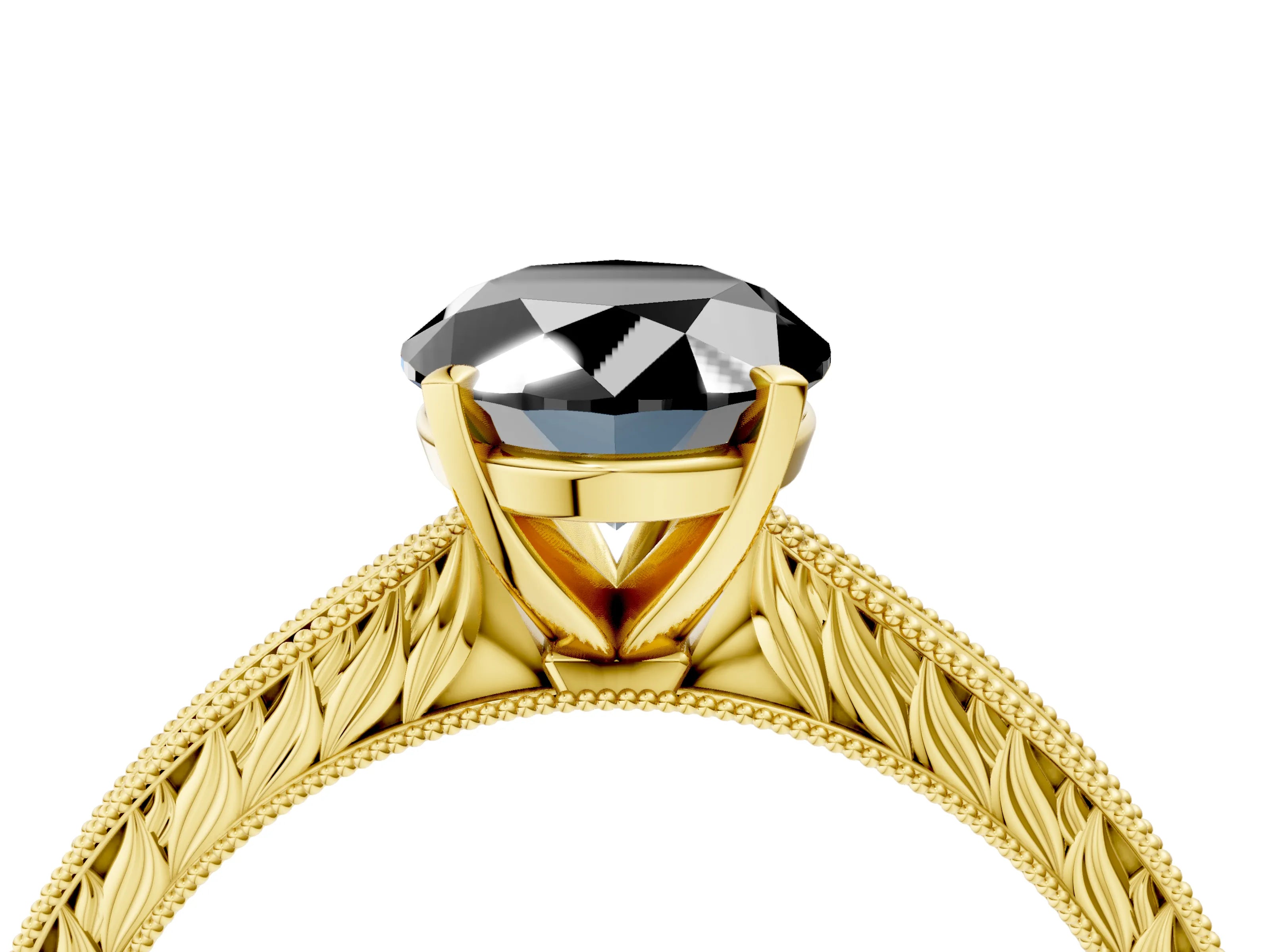 Yellow gold Fancy Black Oval Cut Solitaire Milgrain Engraved Band with Four-Prong Setting_4