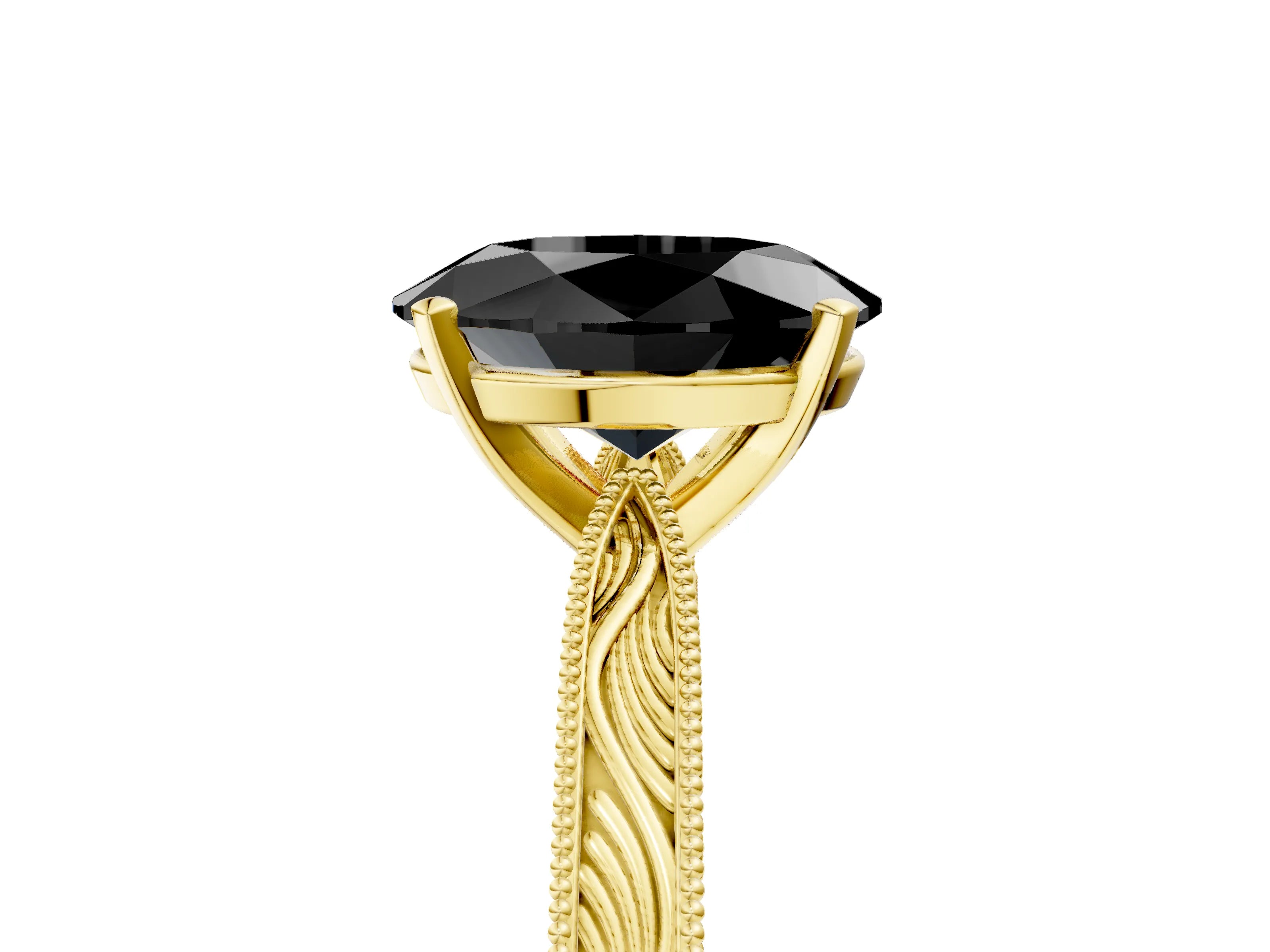 Yellow gold Fancy Black Oval Cut Solitaire Milgrain Engraved Band with Four-Prong Setting_5